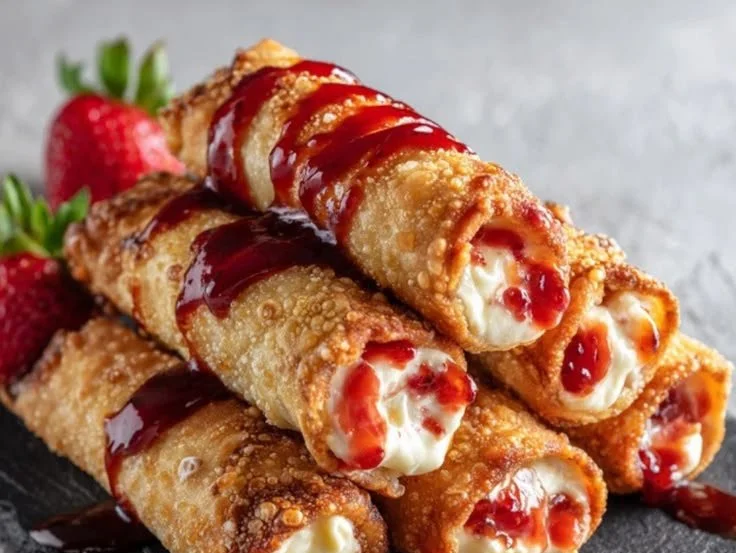 Strawberry cheesecake egg rolls served on a plate with fresh strawberries.