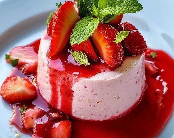 Delicious strawberry mousse served in elegant cups, garnished with fresh strawberries.