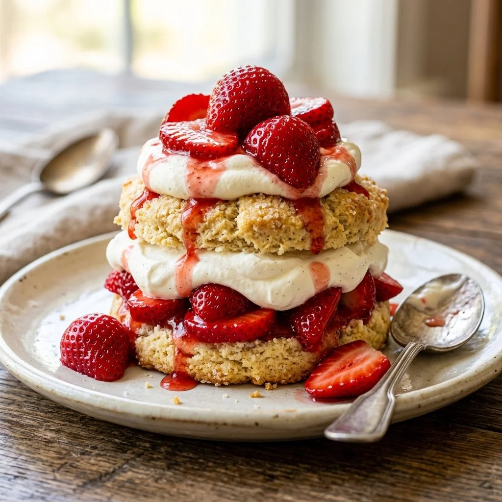 Delicious Strawberry Shortcake topped with fresh strawberries and whipped cream