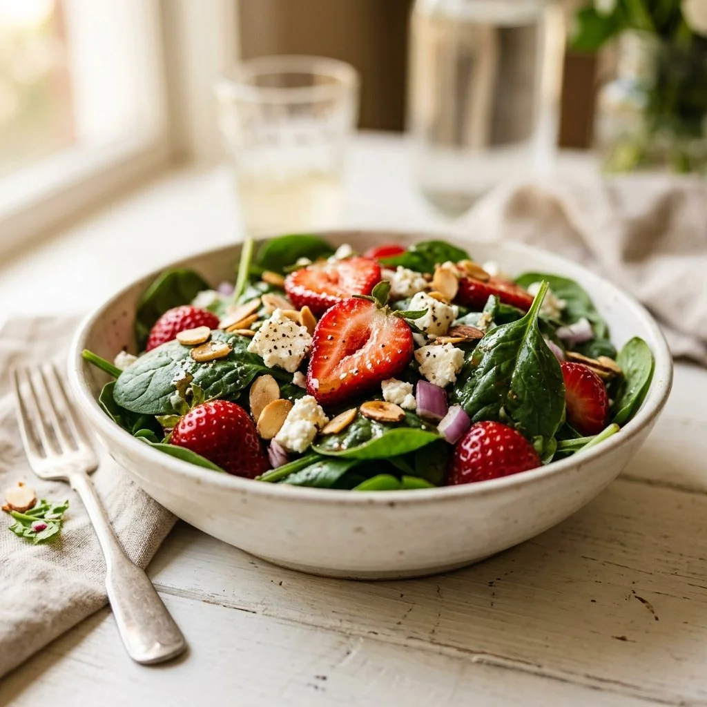 Delicious Strawberry Spinach Salad with fresh strawberries and spinach leaves