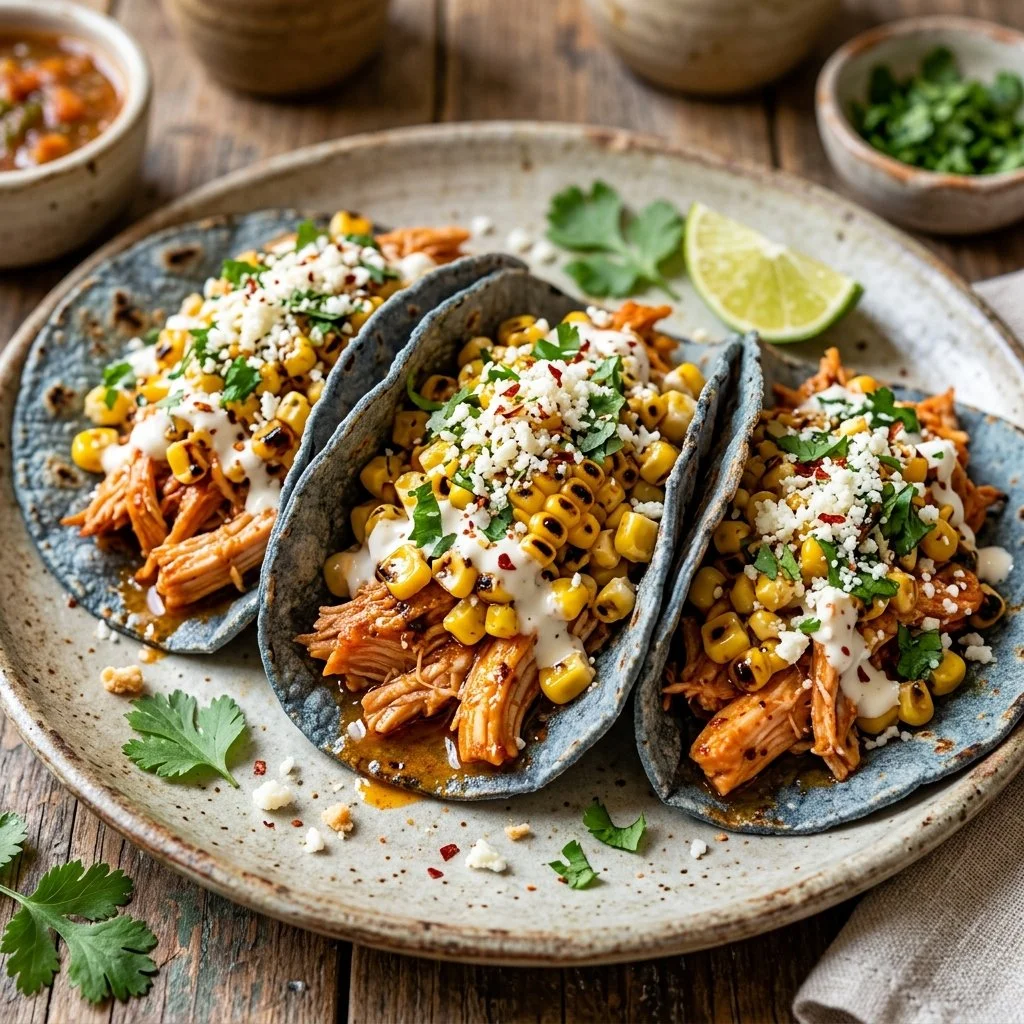 Delicious street corn chicken tacos topped with flavorful ingredients