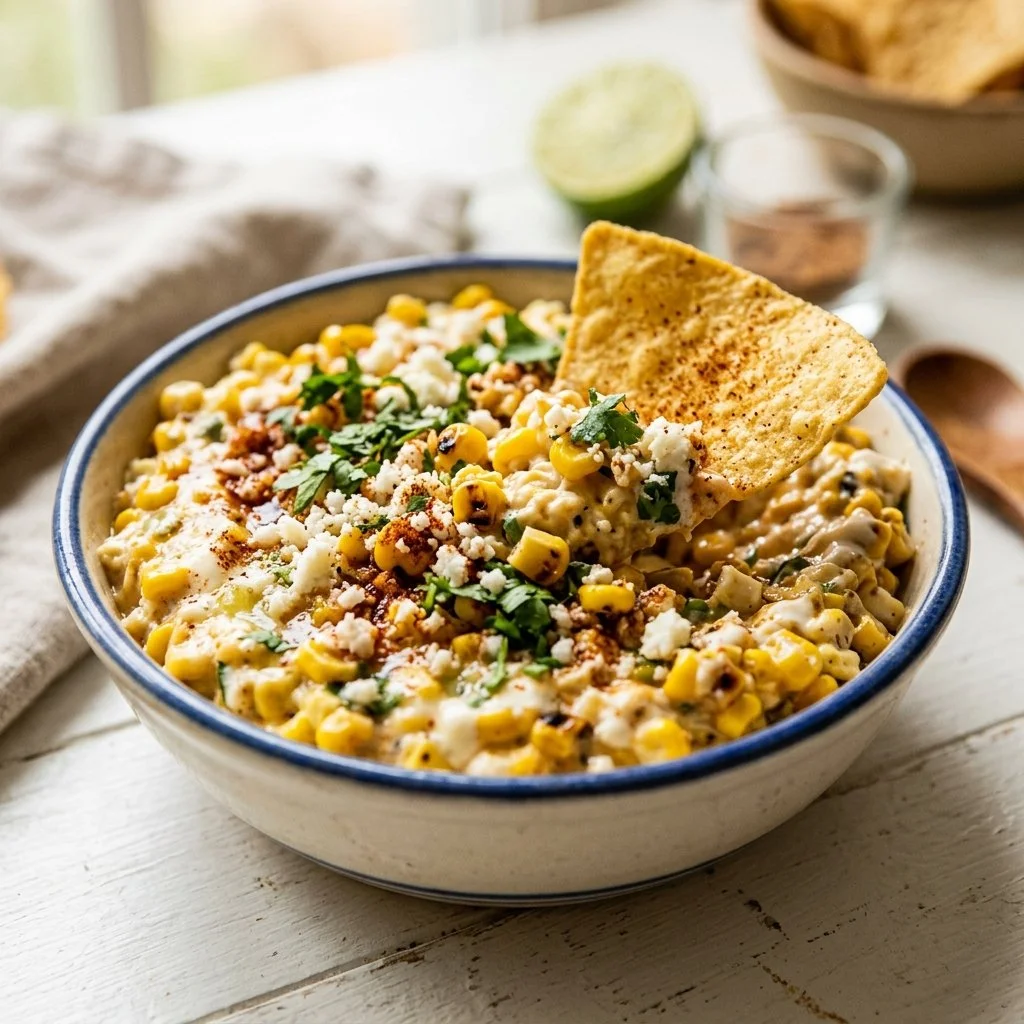 Delicious Street Corn Dip served in a bowl with toppings