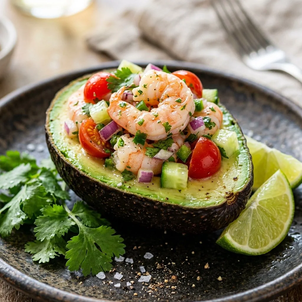 Delicious stuffed avocado filled with shrimp and garnished with fresh herbs