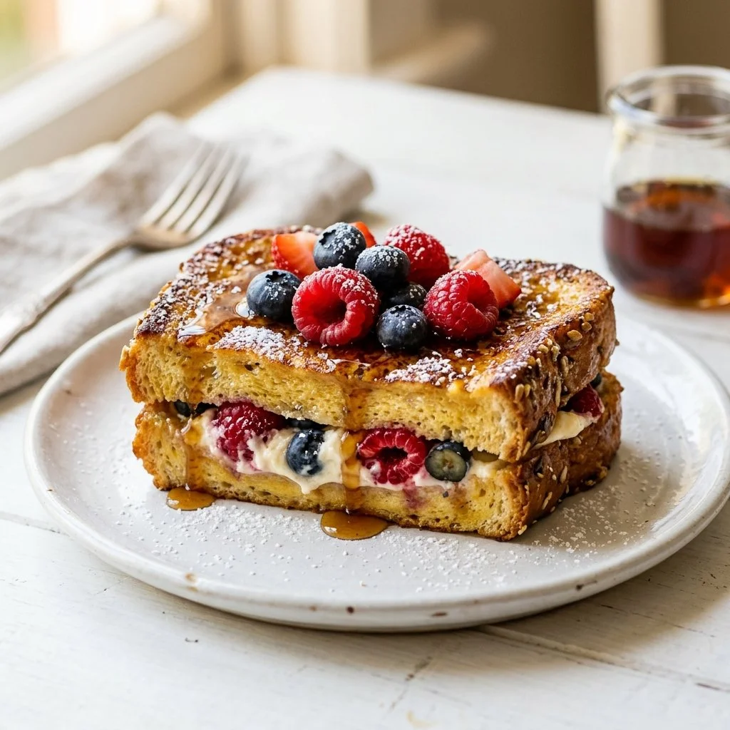 Delicious stuffed French toast topped with strawberries and whipped cream