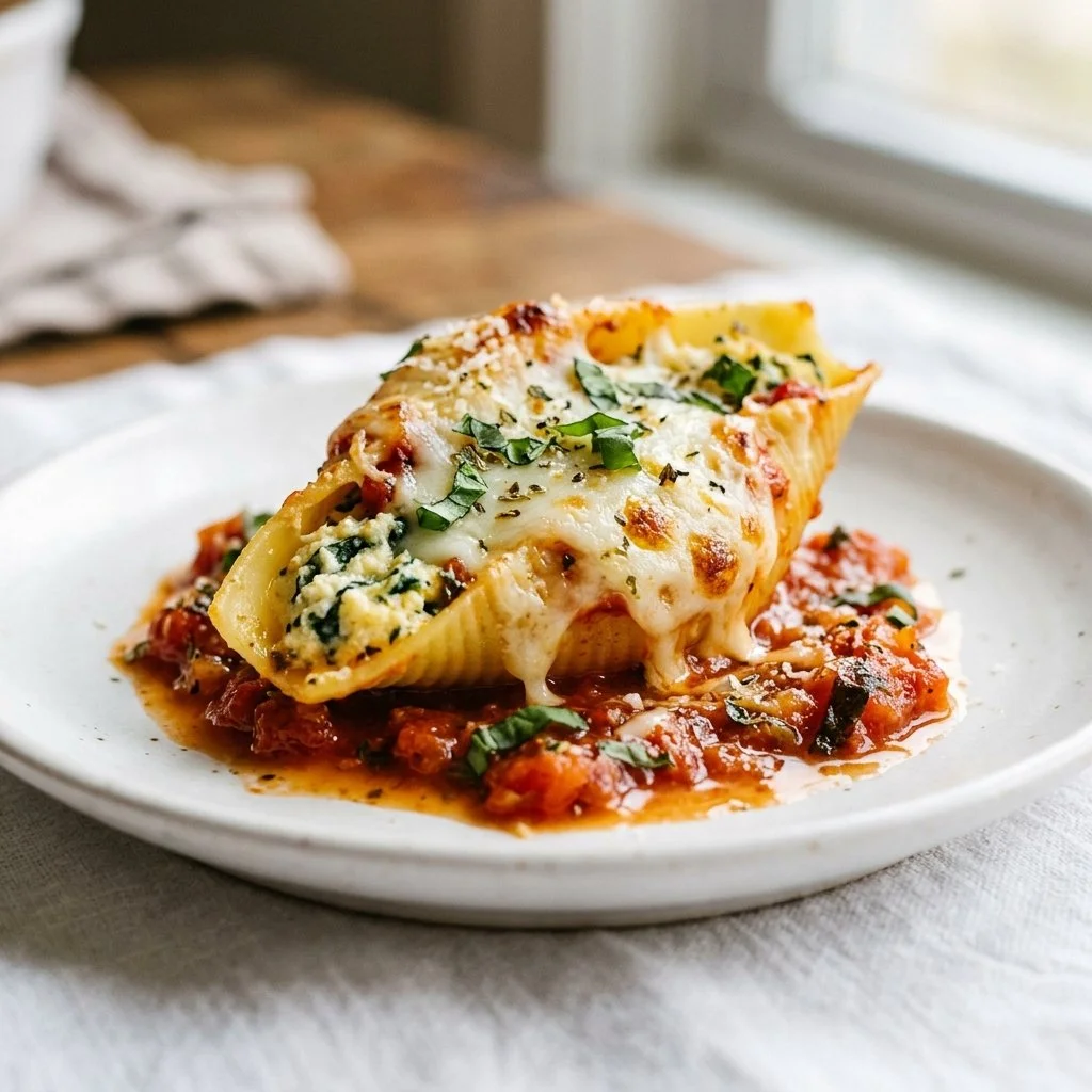 Homemade stuffed shells filled with cheese and herbs on a plate