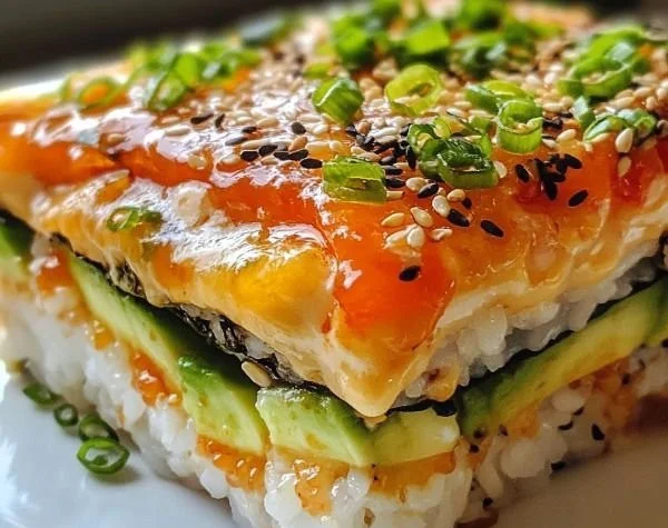A delicious Sushi Bake topped with fresh ingredients and served warm.