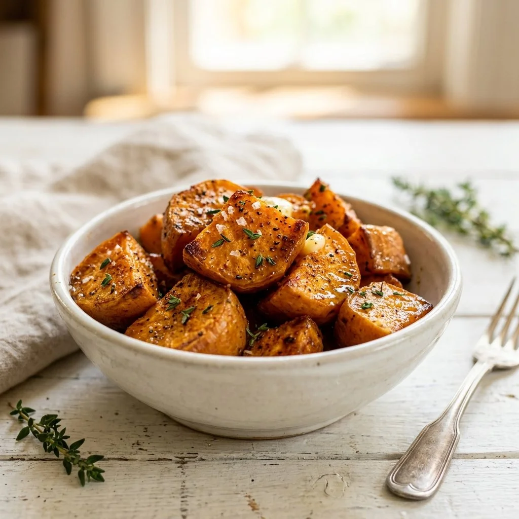 Delicious sweet potato dish garnished with herbs and spices
