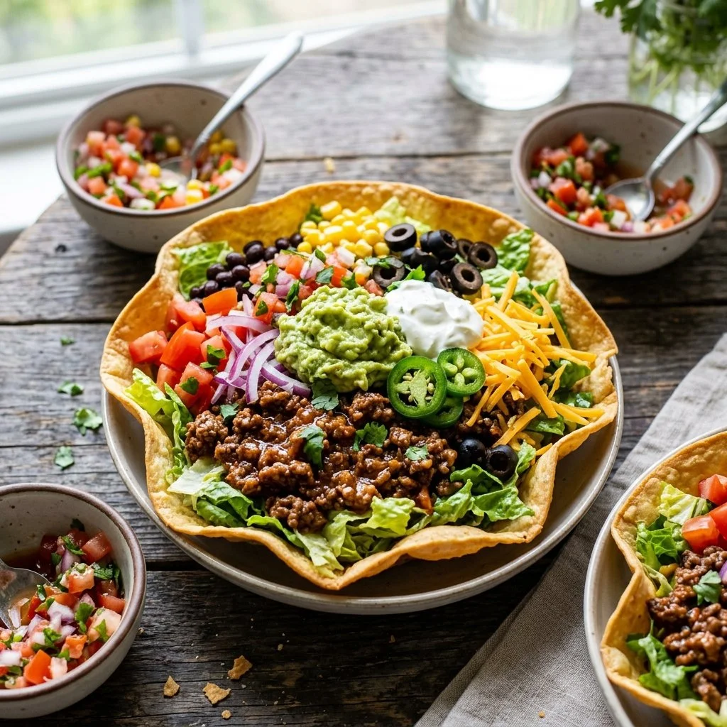 Colorful taco salad bowl filled with fresh ingredients and crispy toppings