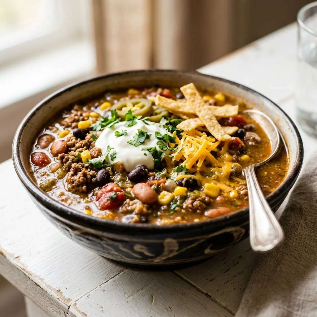 Bowl of flavorful Taco Soup topped with cilantro and avocado, perfect for dinner