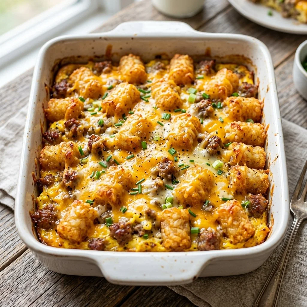 Tater Tot Breakfast Casserole featuring crispy tots and eggs