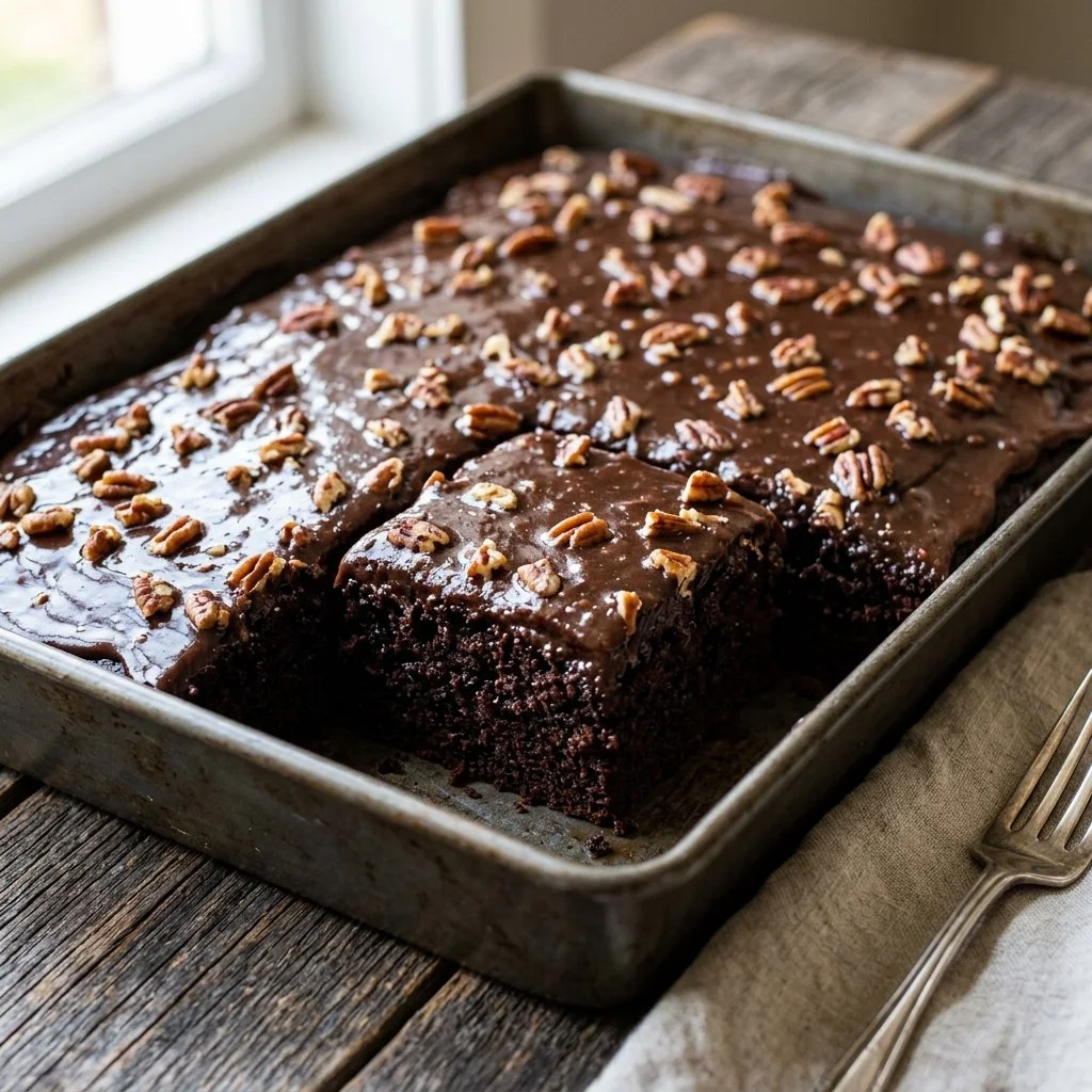 Delicious Texas Sheet Cake topped with chocolate frosting and pecans.