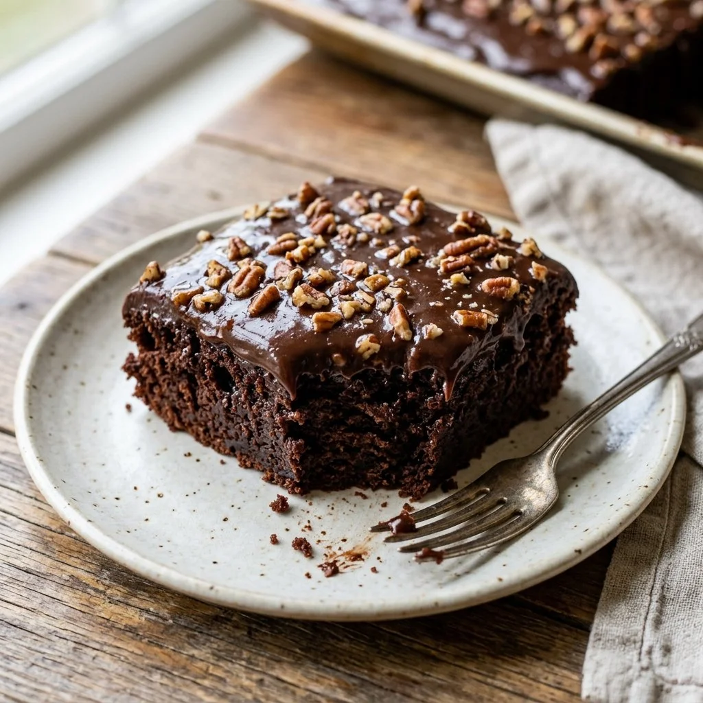 Delicious Texas Sheet Cake with chocolate frosting and sprinkles on a white plate.