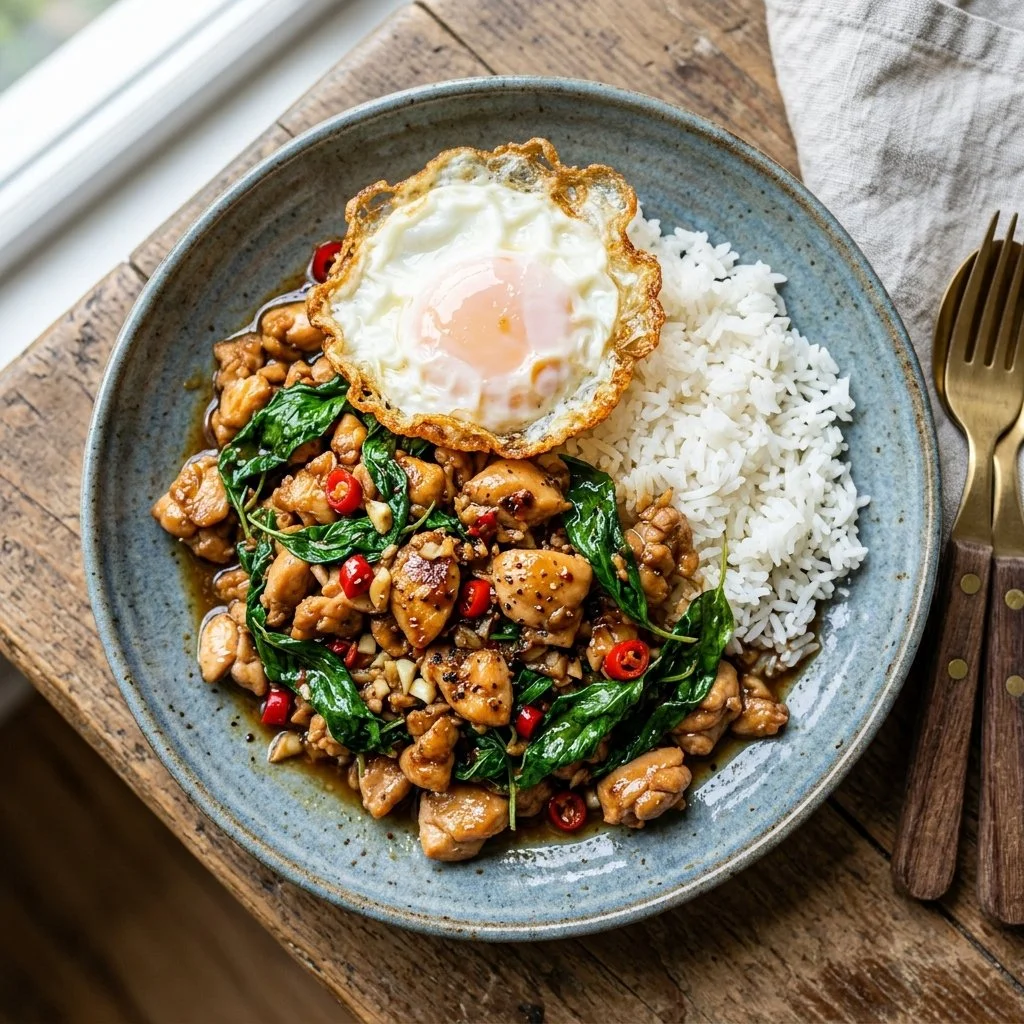 Delicious plate of Thai Basil Chicken garnished with fresh basil leaves