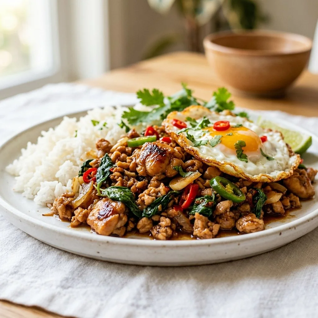 Delicious plate of Thai chicken with vibrant herbs and spices