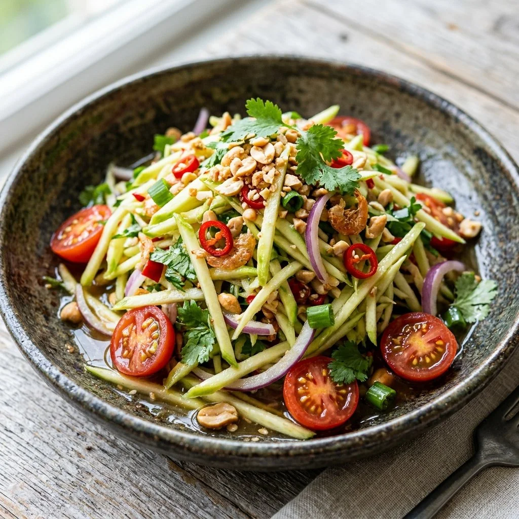 A colorful bowl of Thai Mango Salad with fresh mango, herbs, and vegetables.