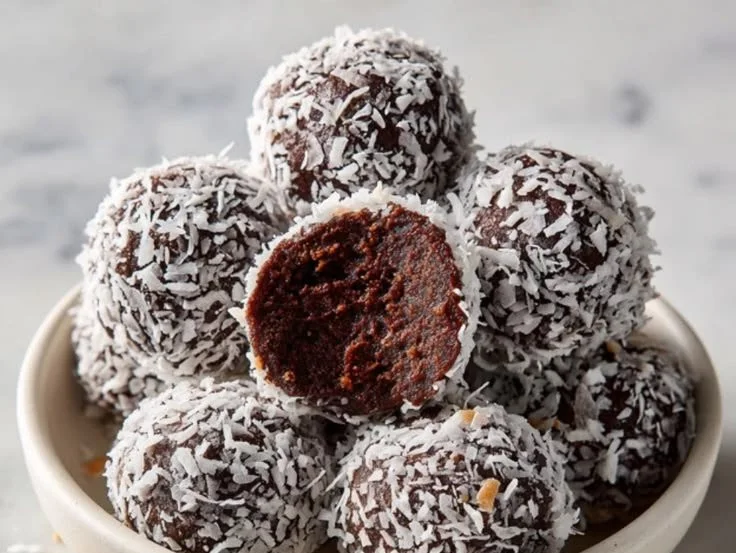 Three-ingredient chocolate coconut balls on a plate ready to enjoy