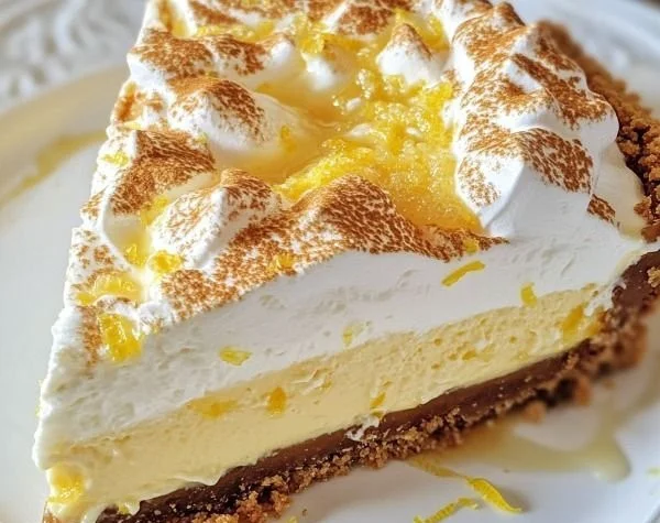 Slice of triple lemon meringue cheesecake with lemon garnish on a plate