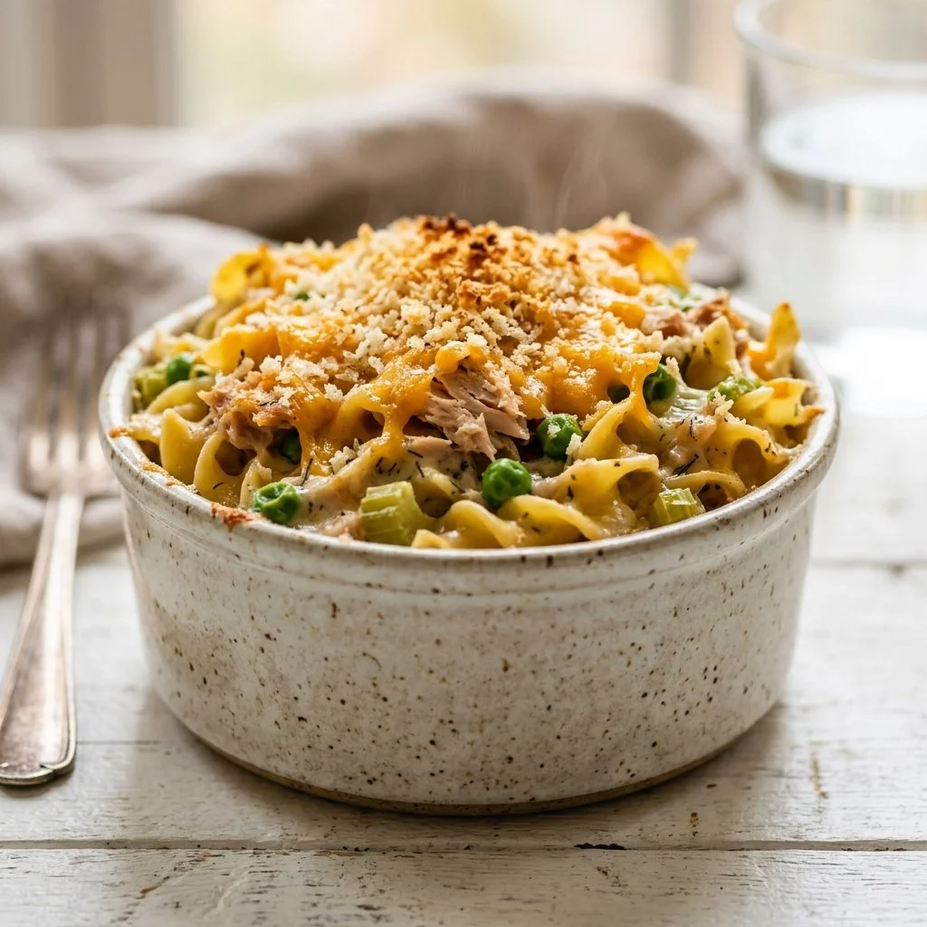 Delicious Tuna Noodle Casserole baked to perfection in a casserole dish