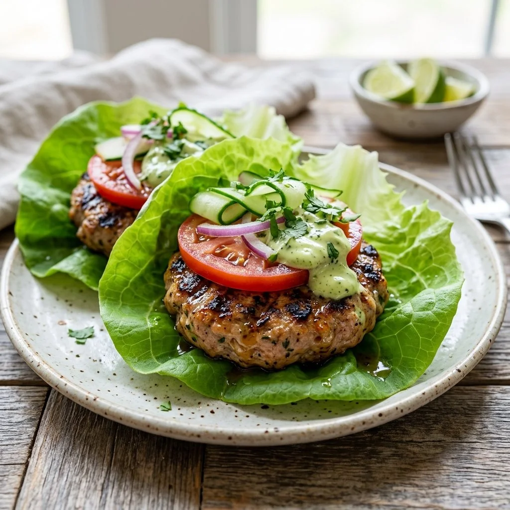 Healthy turkey burger lettuce wraps with fresh ingredients