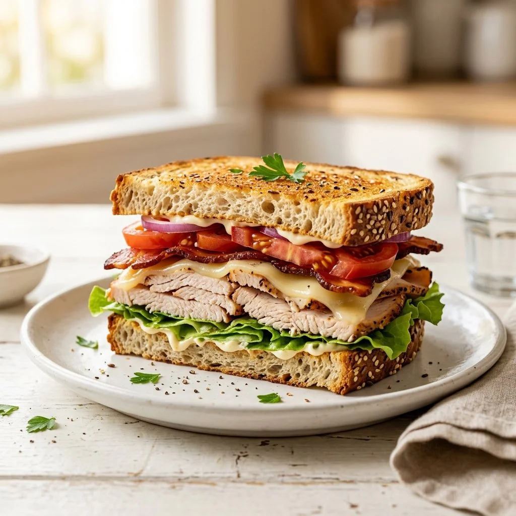 Homemade turkey sandwich with fresh ingredients on a wooden table