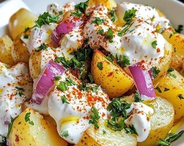 A colorful bowl of Turkish potato salad with fresh vegetables and herbs.