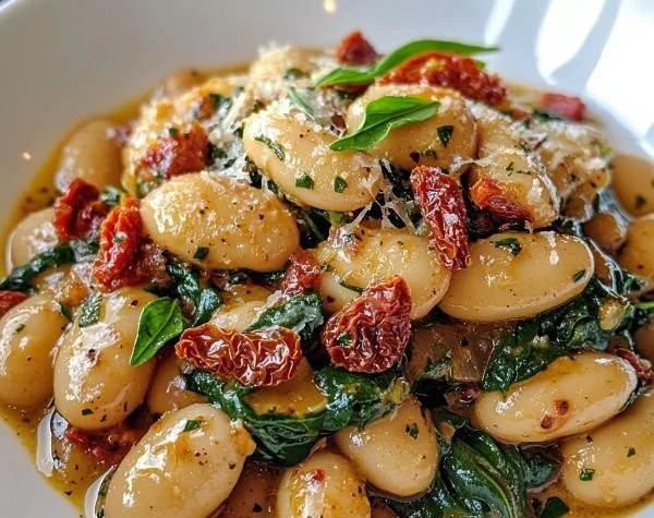 Delicious Tuscan Butter Beans with spinach and sun-dried tomatoes in a bowl