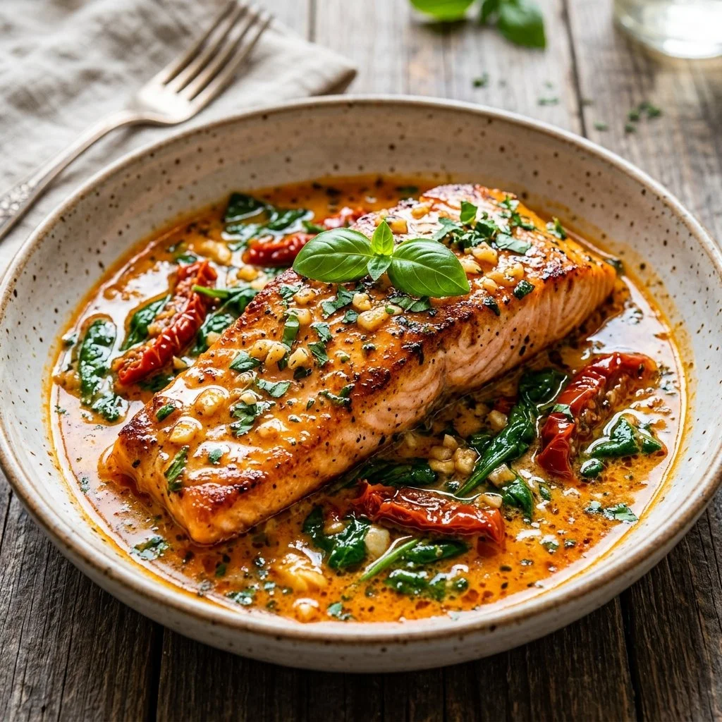 Delicious Tuscan Butter Salmon garnished with herbs and lemon