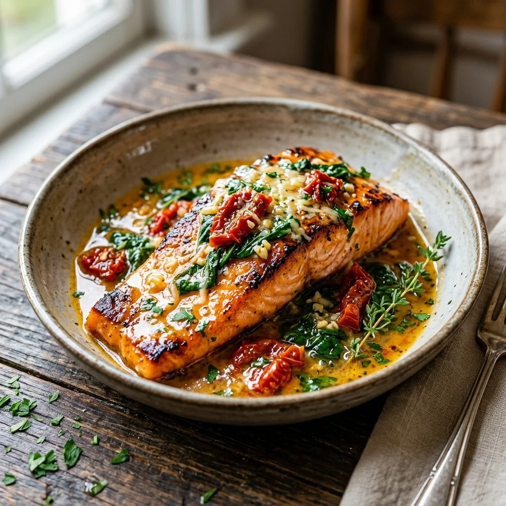 Delicious Tuscan Butter Salmon garnished with fresh herbs and spices