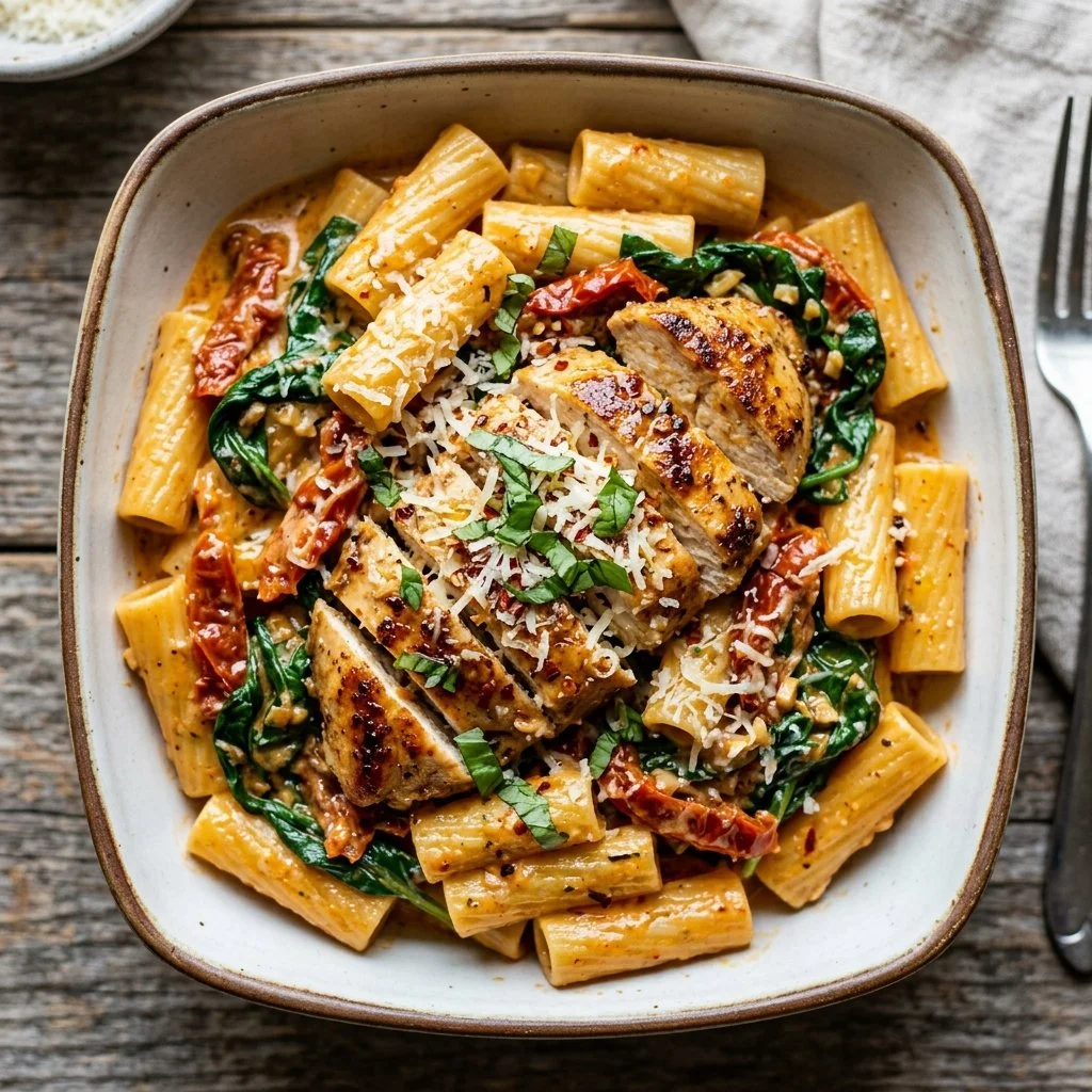 Delicious Tuscan Chicken Pasta with creamy sauce and sun-dried tomatoes