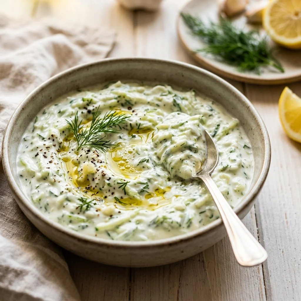 Easy homemade tzatziki sauce with yogurt and cucumbers served in a bowl.