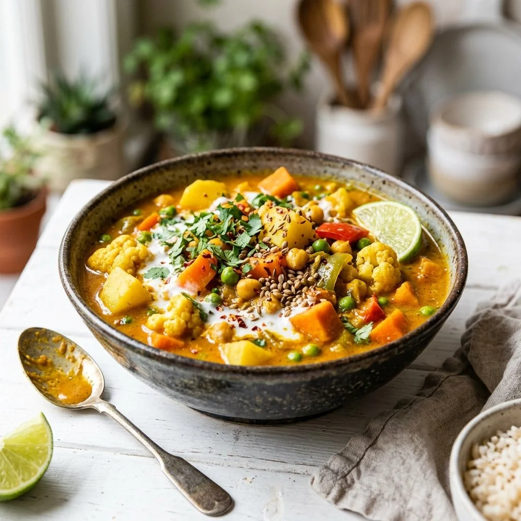 Colorful vegetable curry dish with assorted fresh vegetables and spices