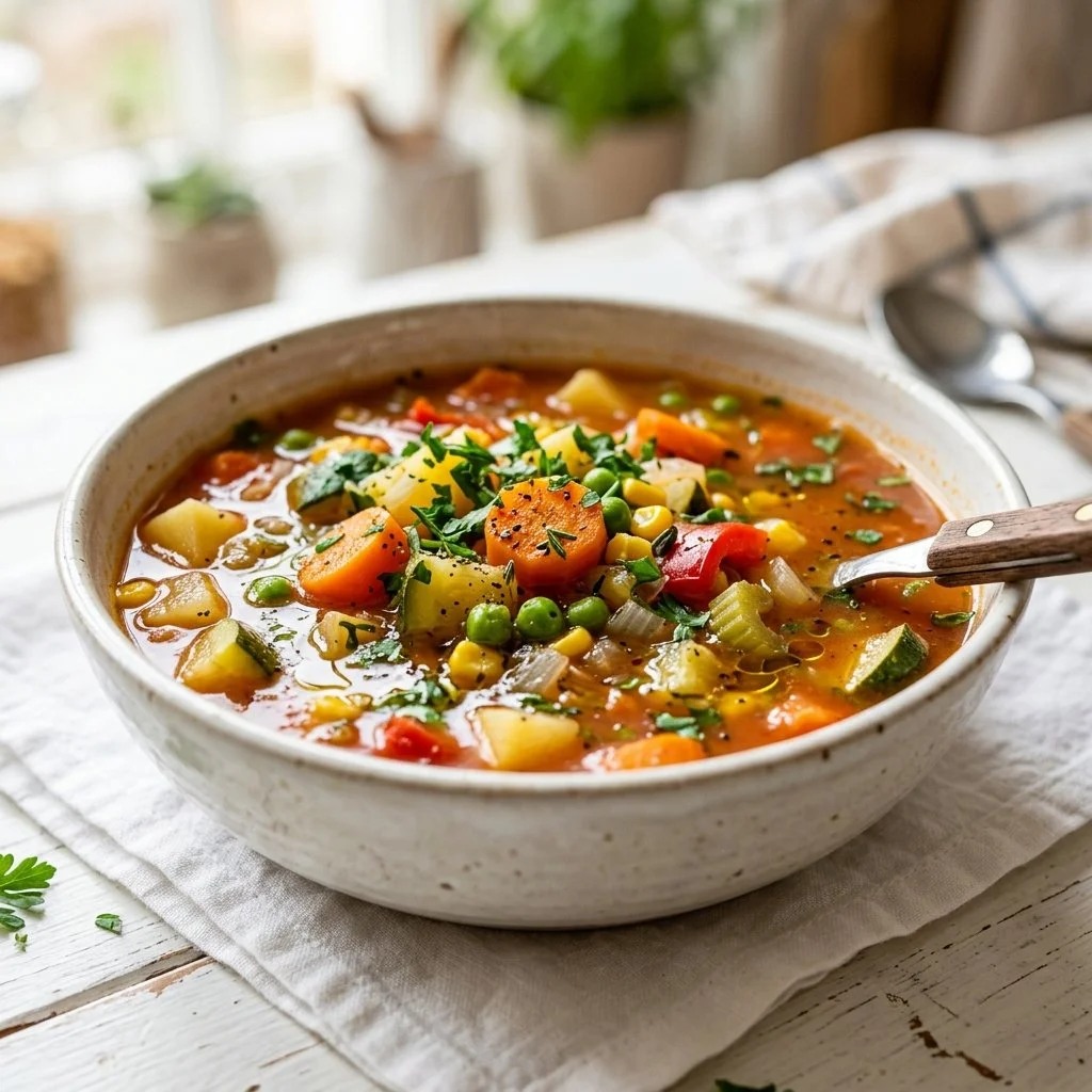 Bowl of homemade vegetable soup filled with fresh vegetables and herbs