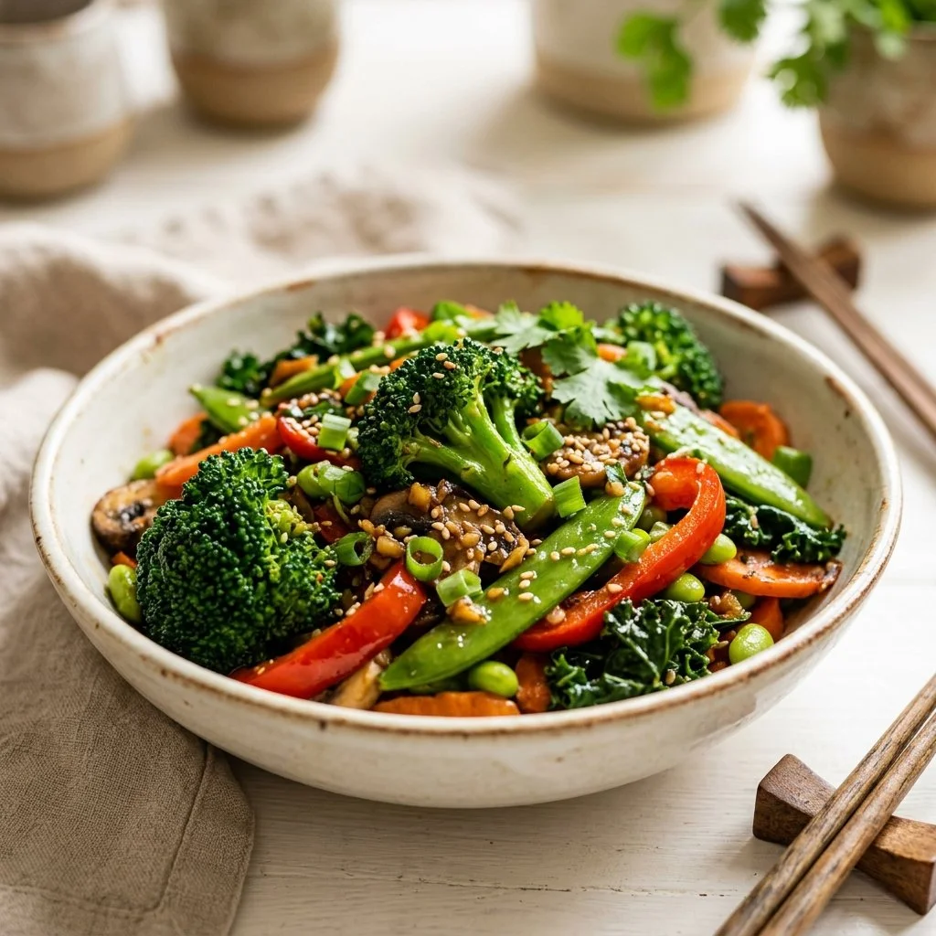 Colorful vegetable stir fry with fresh veggies in a skillet.