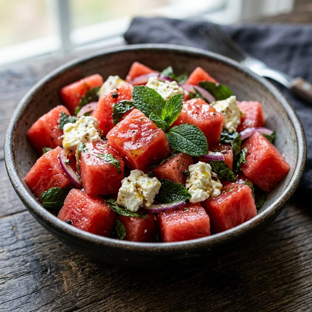 Bright and vibrant Watermelon Feta Salad with fresh mint on a plate
