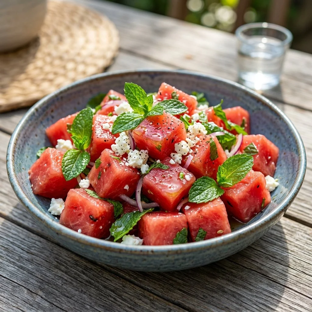 Refreshing watermelon mint salad served in a bowl with vibrant colors.