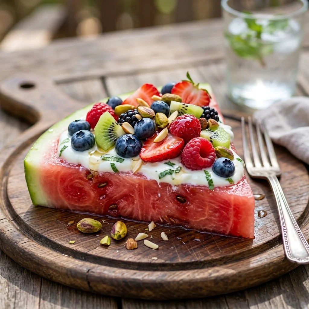 Colorful watermelon pizza topped with berries and mint leaves served on a plate.