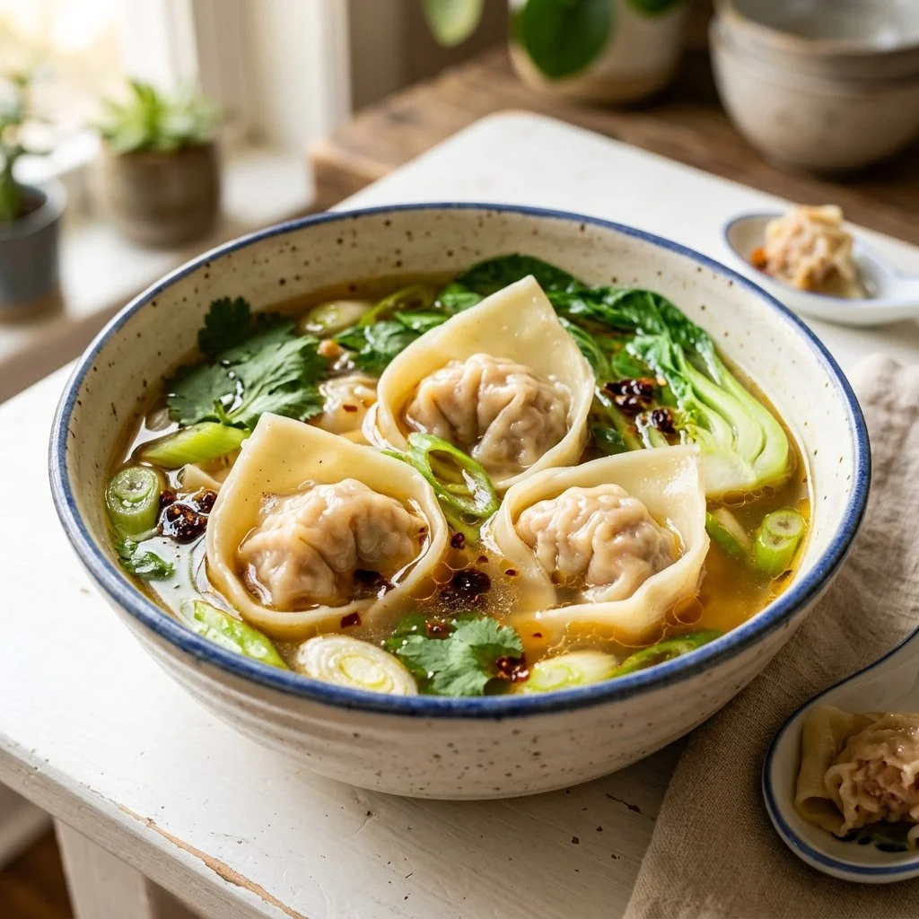Bowl of homemade wonton soup with fresh ingredients and dumplings