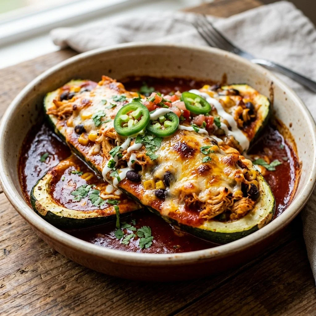 Zucchini boat enchiladas served on a plate with toppings