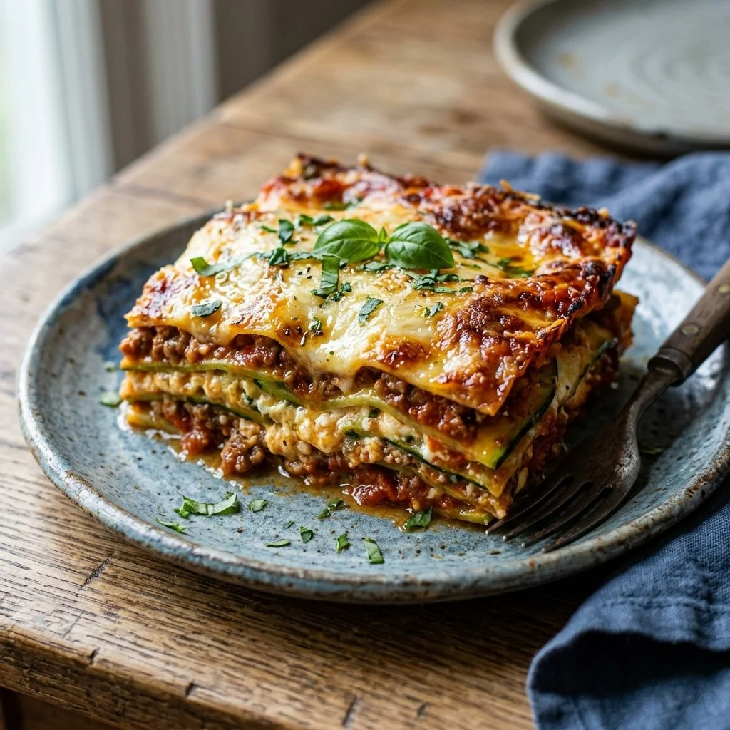 Delicious homemade zucchini lasagna with layers of cheese and fresh ingredients.