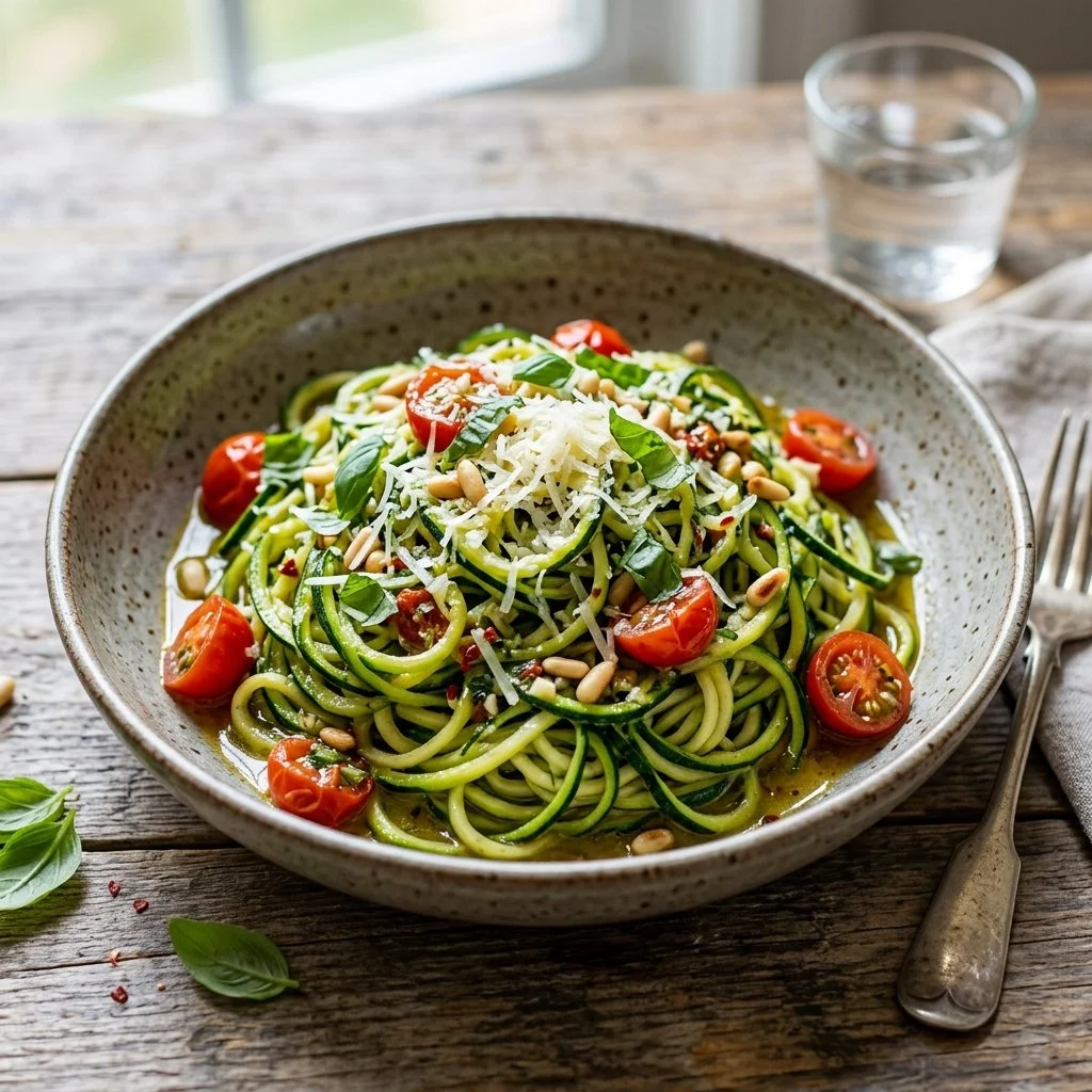 Bowl of zucchini noodle pasta garnished with fresh herbs and cherry tomatoes.
