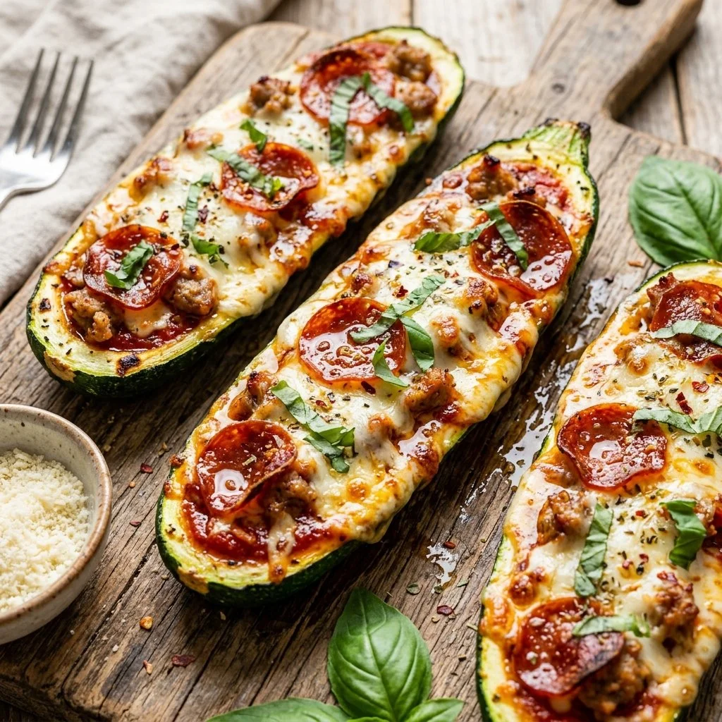 Zucchini pizza boats topped with cheese and vegetables ready to be served