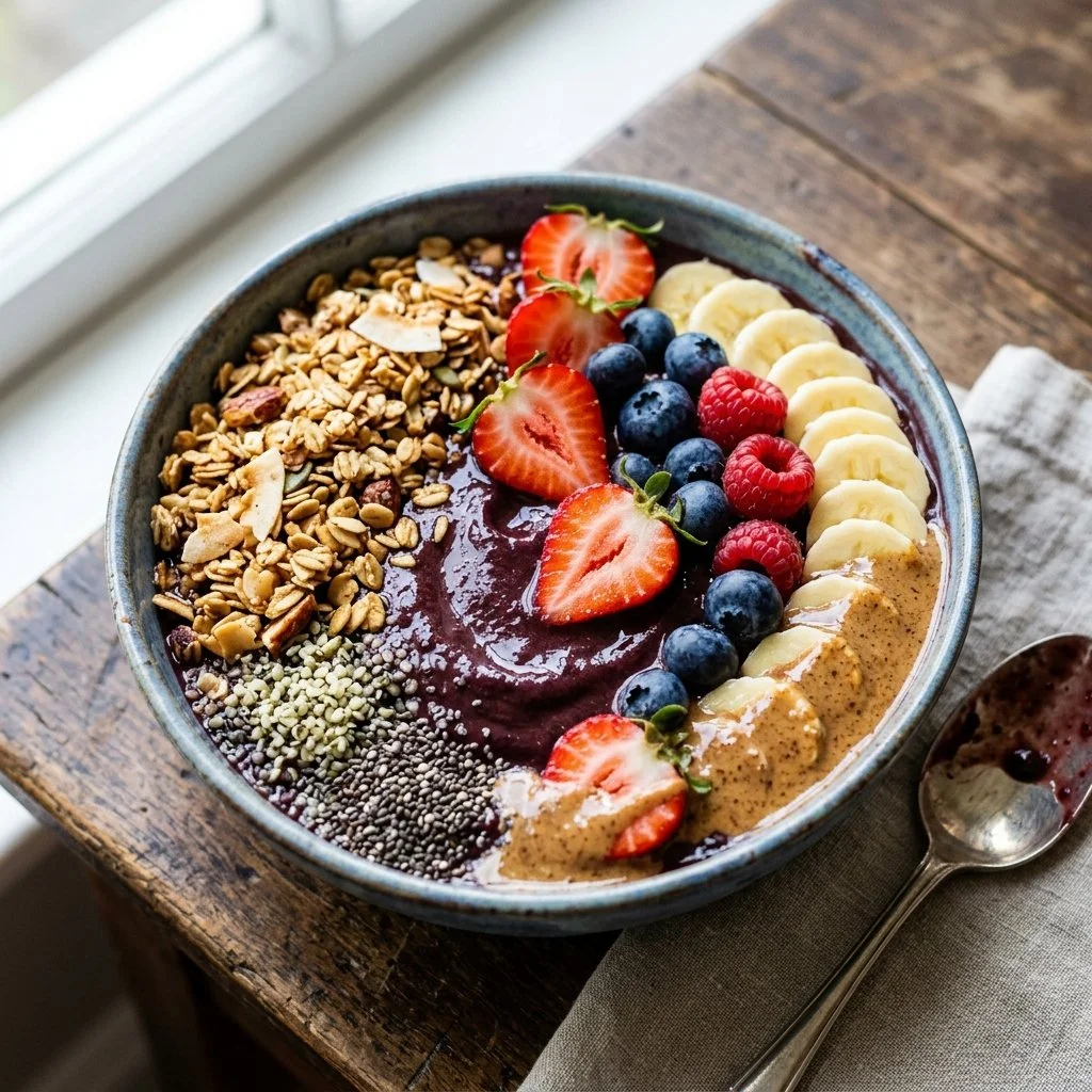 Delicious and vibrant acai bowl topped with fresh fruits and granola