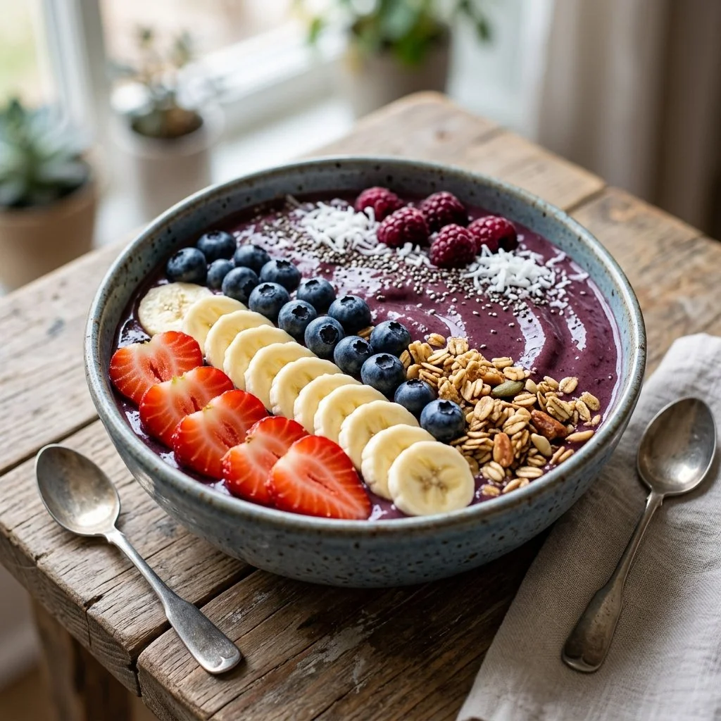Delicious acai smoothie bowl topped with fresh fruits and granola