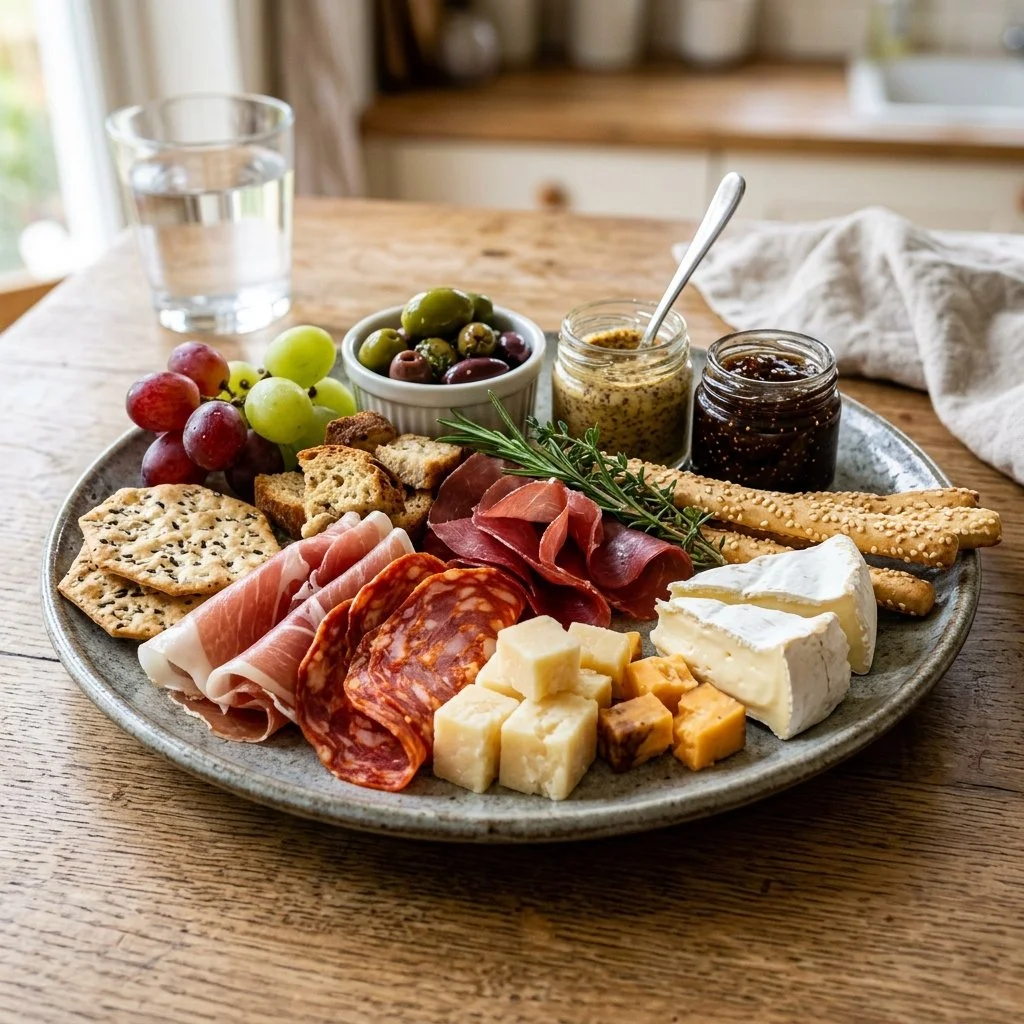 Assorted Adult Lunchables with meats, cheeses, and vegetables for a gourmet meal.