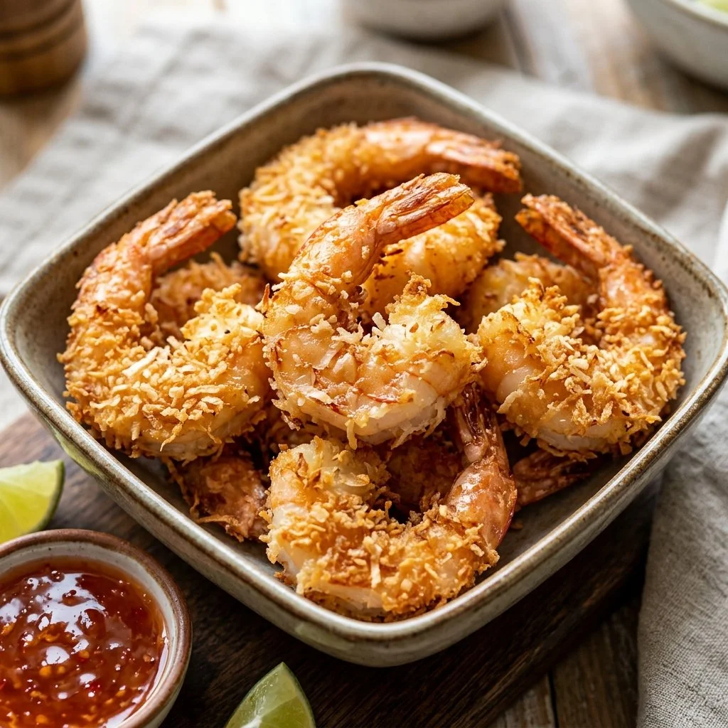 Crispy air fryer coconut shrimp garnished with parsley on a plate