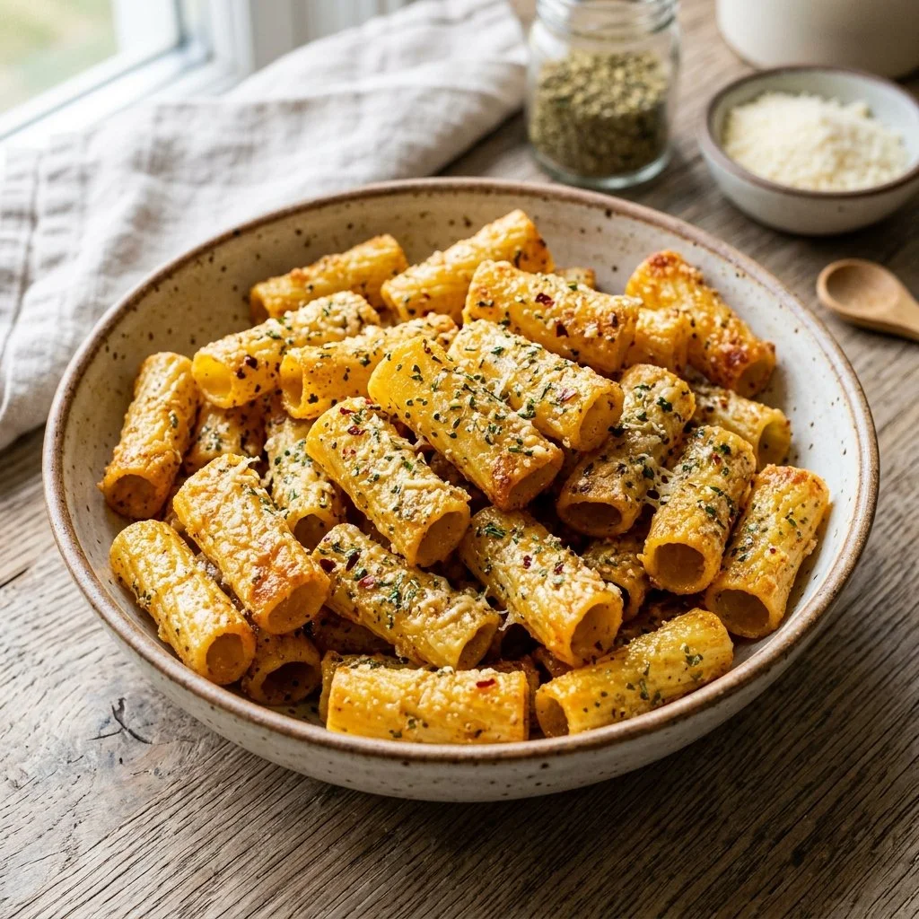 Crispy air fryer pasta chips served in a bowl with seasoning.