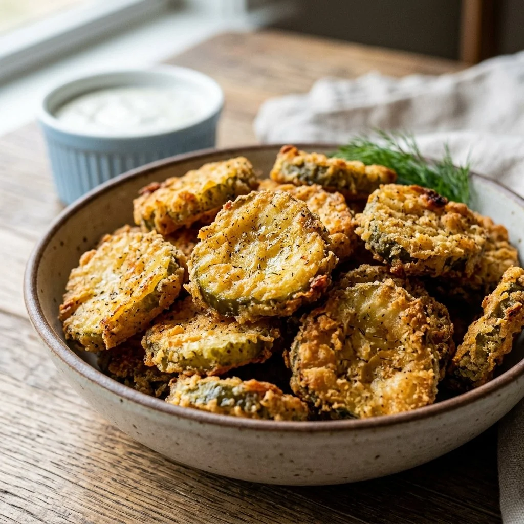Crispy air fryer pickle chips on a plate, garnished and ready to serve.