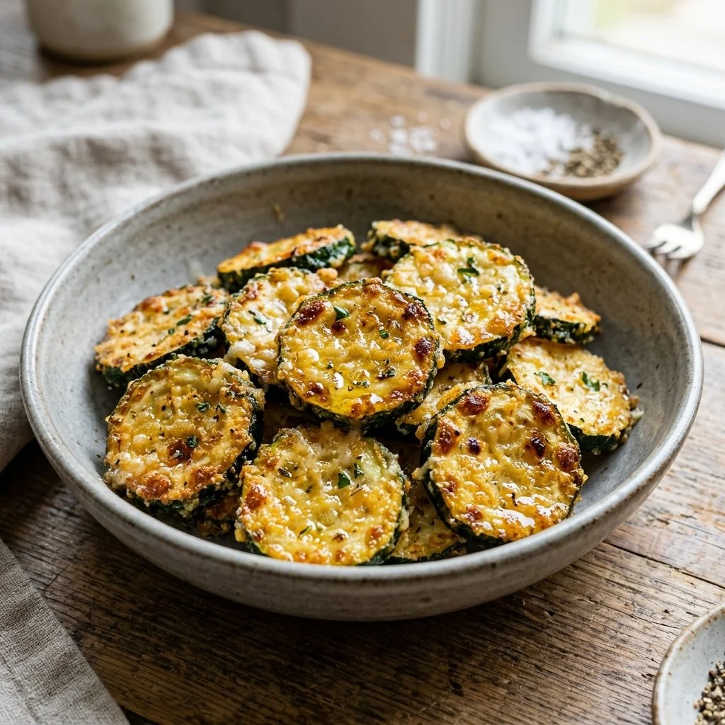 Crispy air fryer zucchini slices served on a plate