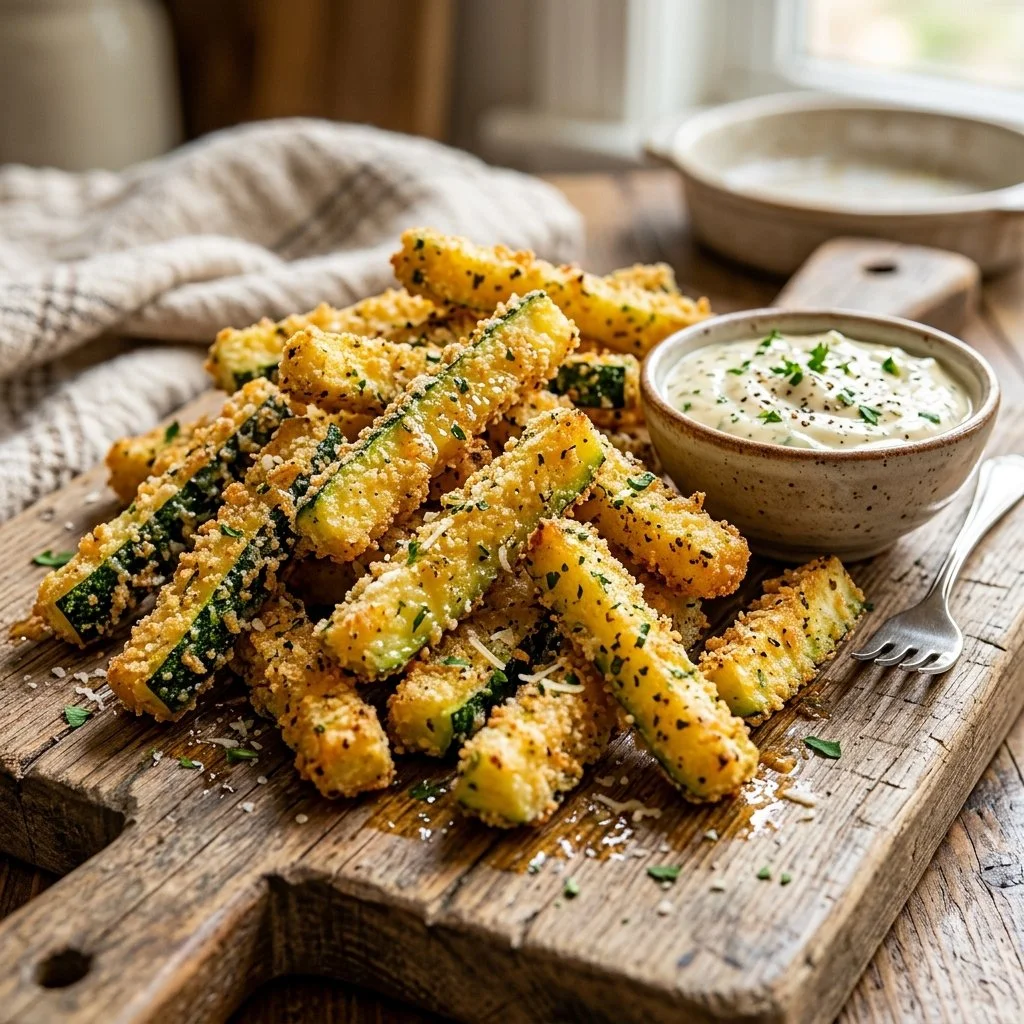 Crispy air fryer zucchini fries served in a bowl with dipping sauce.