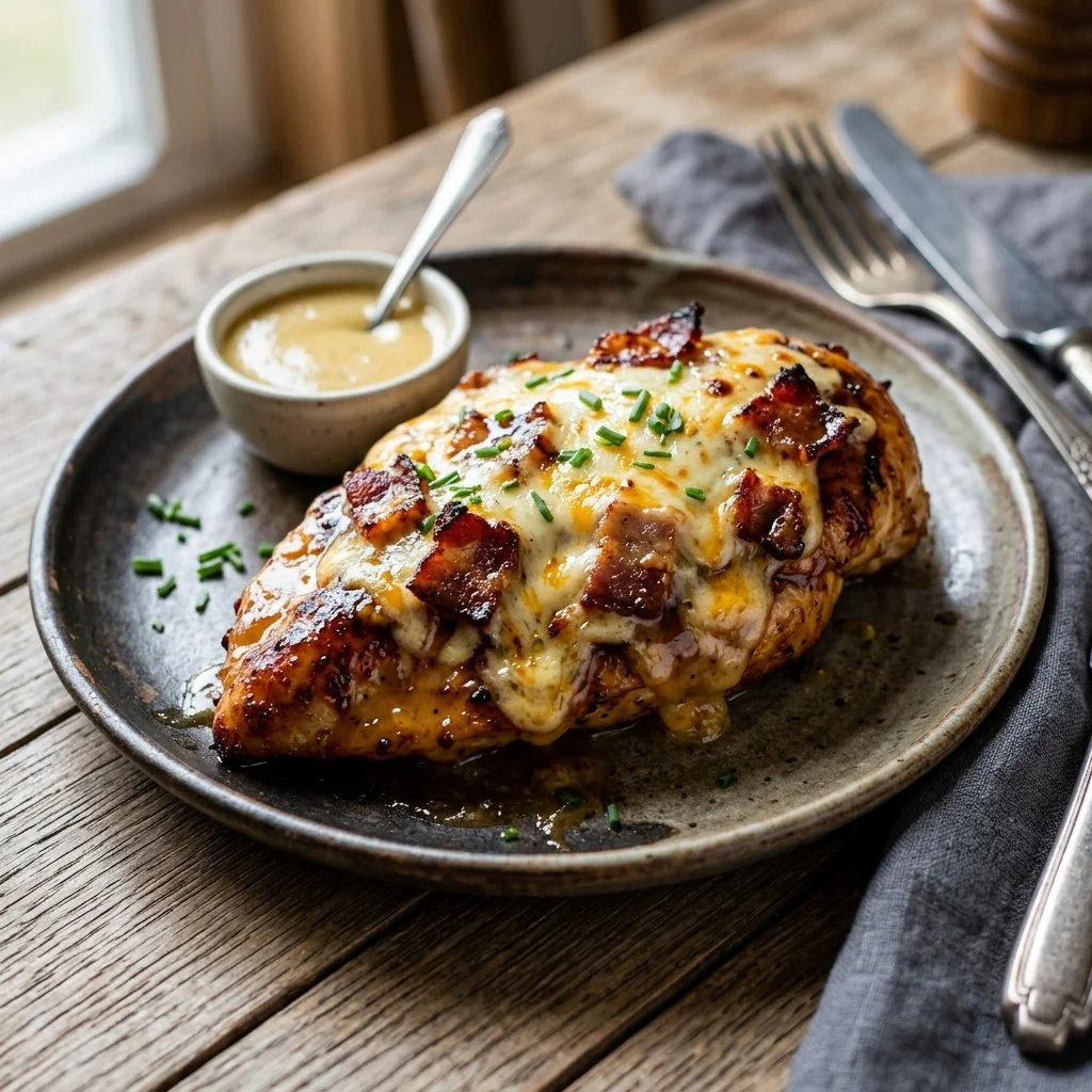 Plate of Alice Springs Chicken garnished and ready to serve